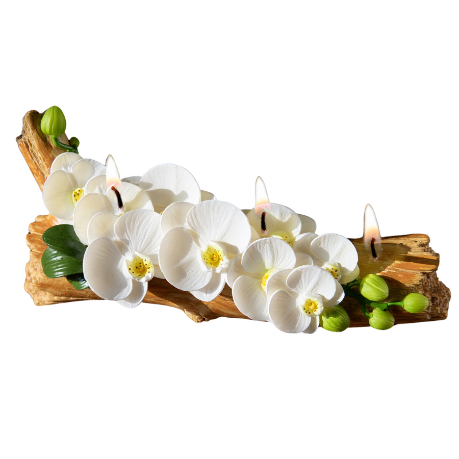 Southlake Gifts Orchid Arrangement Candle product photo on white background, handmade soy wax orchid flowers on log base, floral gift-ready candle décor.