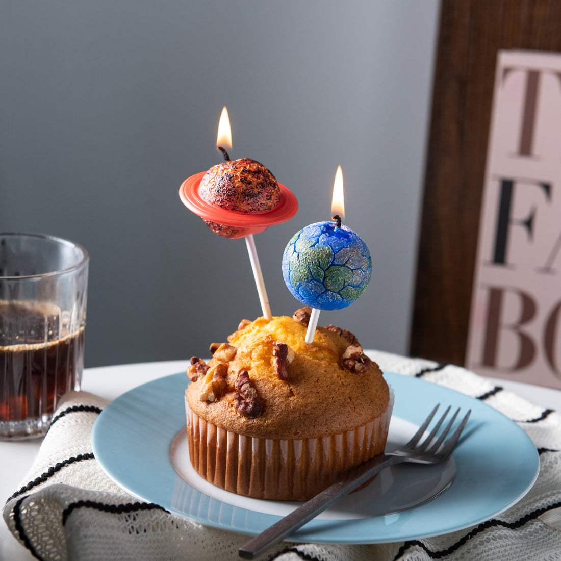 Southlake Gifts planet cake topper candles on cupcake with lit wicks, handmade unscented space themed candle set for kids birthday cake decoration, unique party décor and gift
