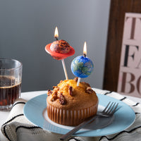 Southlake Gifts planet cake topper candles on cupcake with lit wicks, handmade unscented space themed candle set for kids birthday cake decoration, unique party décor and gift