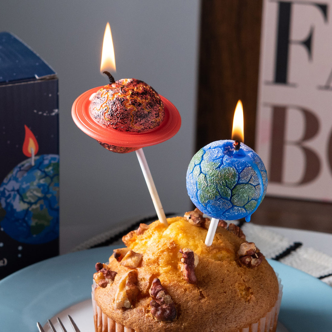 Southlake Gifts planet cake topper candle set with packaging box, handmade unscented candles on cupcake, space themed birthday party décor, gift ready set for kids cake decoration and unique gift