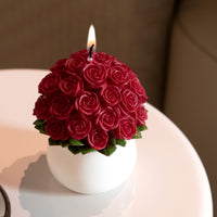 Southlake Gifts Rose Bouquet Candle featuring 33 detailed red roses, handmade soy wax floral candle centerpiece glowing warmly