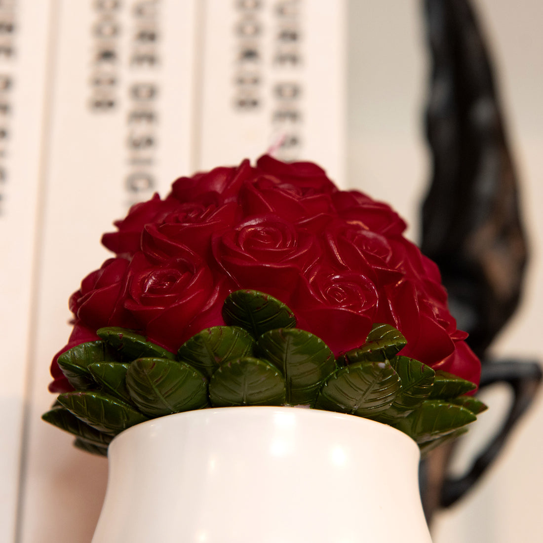 Southlake Gifts Rose Bouquet Candle with green leaf base, 33 hand-carved roses in soy wax, floral candle gift in ceramic vase