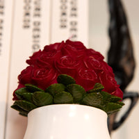Southlake Gifts Rose Bouquet Candle with green leaf base, 33 hand-carved roses in soy wax, floral candle gift in ceramic vase