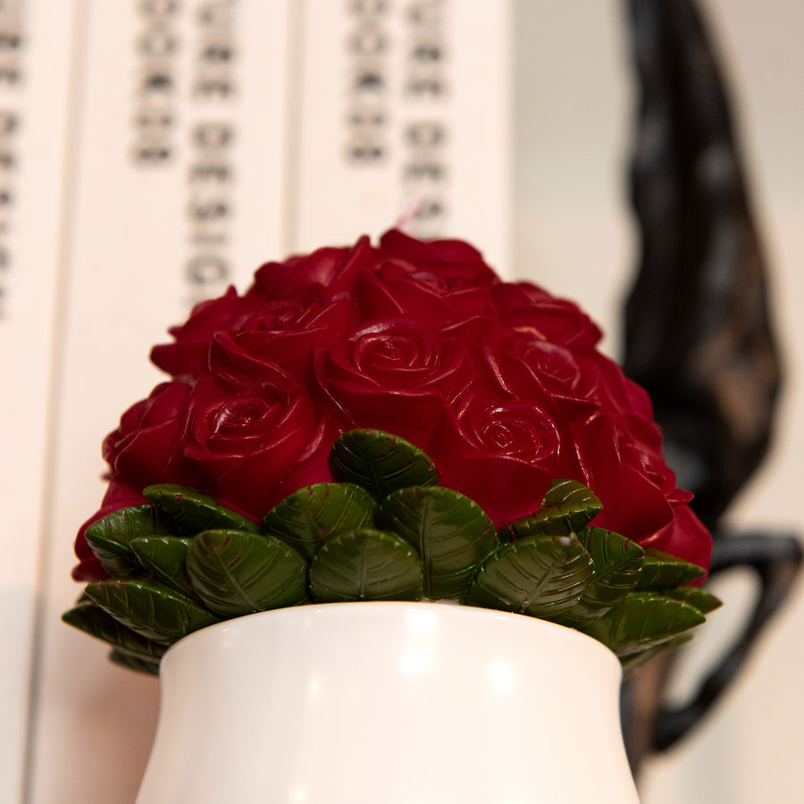 Southlake Gifts Rose Bouquet Candle with green leaf base, 33 hand-carved roses in soy wax, floral candle gift in ceramic vase