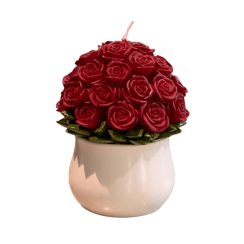 Southlake Gifts Rose Bouquet Candle in white background, detailed 33 red roses arrangement, romantic rose-scented handmade décor
