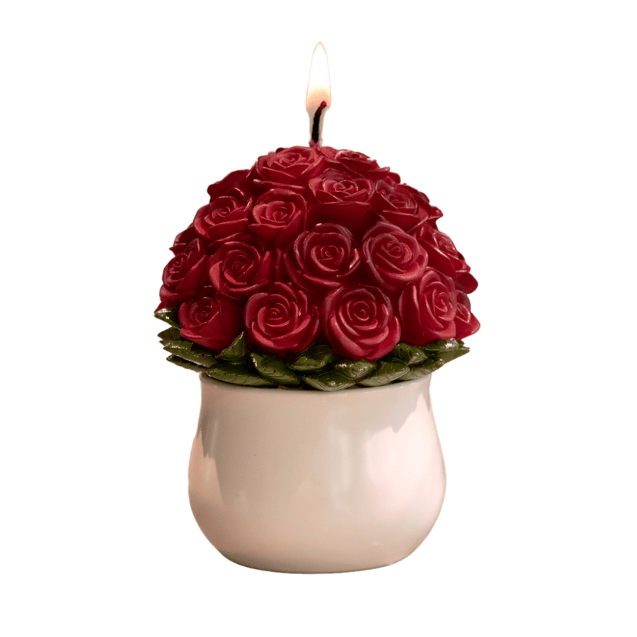 Southlake Gifts Rose Bouquet Candle lit up abd isolated on white background, handmade 33 roses design, rose scented decorative candle gift