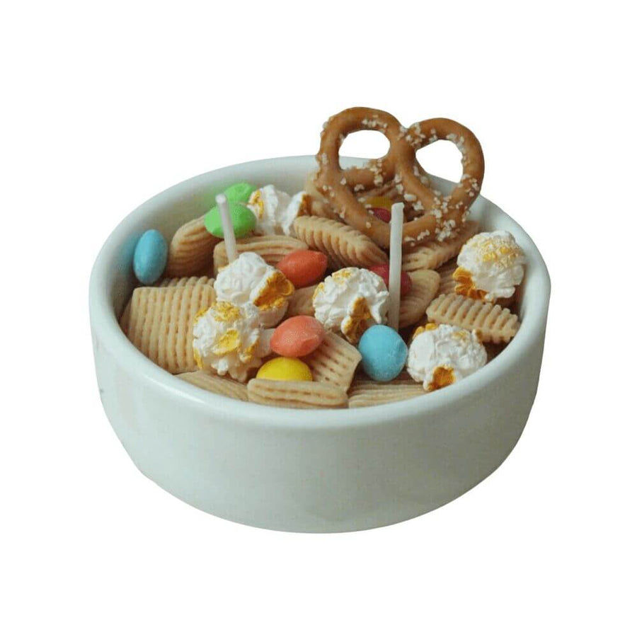Scented Snacks Bowl Candle filled with pretzel and popcorn-shaped wax melts, handcrafted by Southlake Gifts — an artisan handmade candle perfect for home décor gifting.