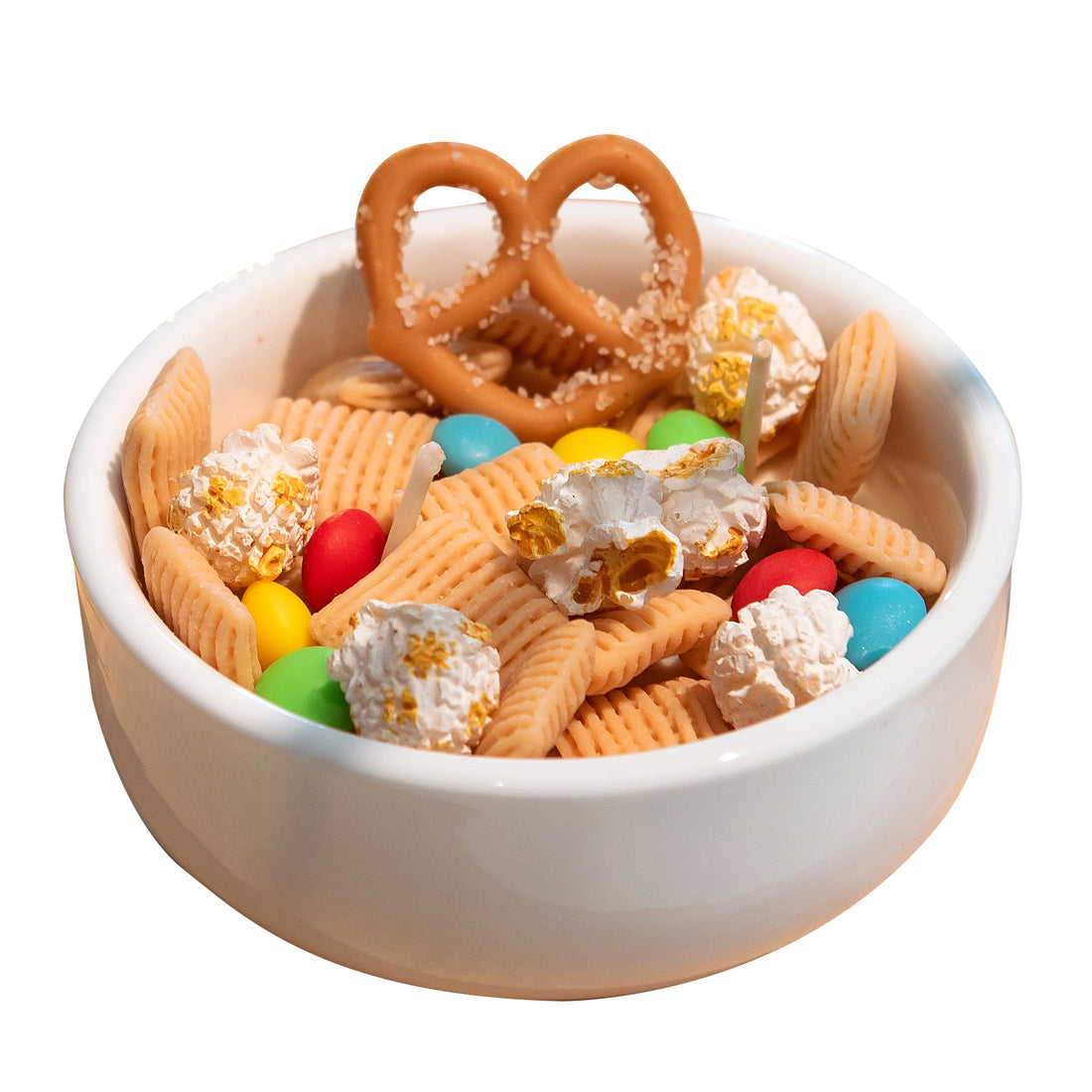 Scented Snacks Bowl Candle in a white background. It is filled with pretzel and popcorn-shaped wax melts, handcrafted by Southlake Gifts — an artisan handmade candle perfect for home décor gifting.