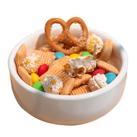 Scented Snacks Bowl Candle in a white background. It is filled with pretzel and popcorn-shaped wax melts, handcrafted by Southlake Gifts — an artisan handmade candle perfect for home décor gifting.