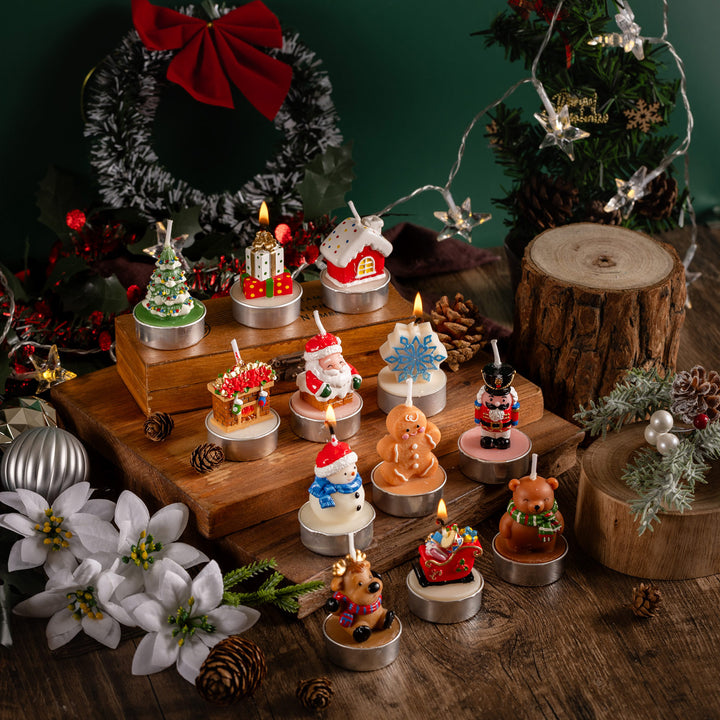 Southlake Gifts 12 Days of Christmas Candle Set displayed with wreath and pinecones, featuring 12 handcrafted holiday tealight candles — a perfect festive gift for candle lovers.