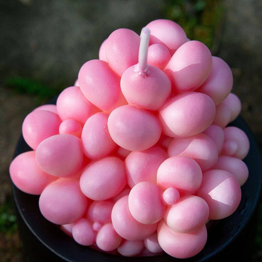 Close-up of the pink moonstone succulent wax design showing layered wax bubbles and smooth texture, a detailed handmade candle that adds modern charm and makes a unique artisan gift.
