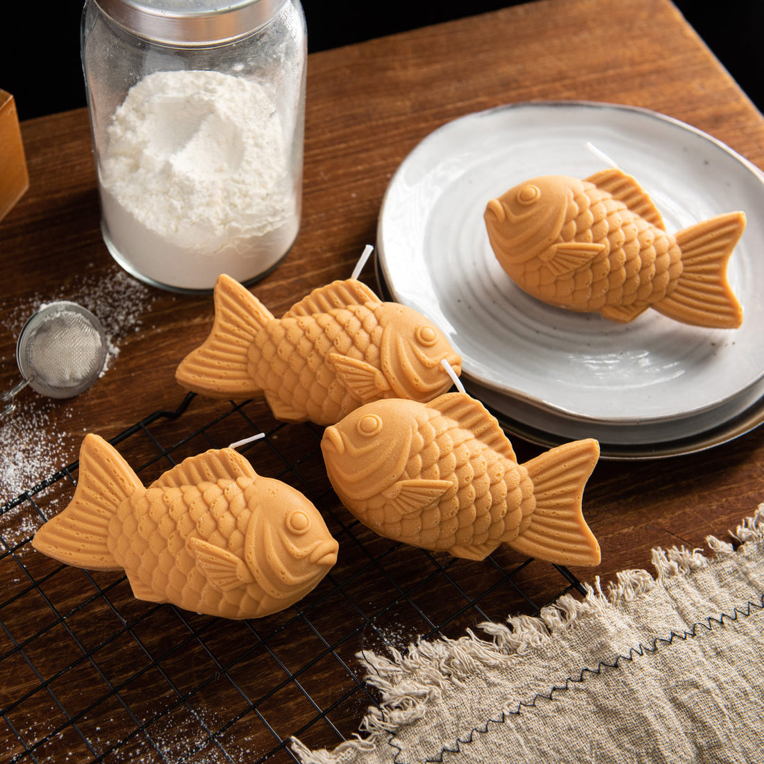 Southlake Gifts taiyaki candles arranged together on a table, creating a fun and eye catching display inspired by Japanese street snacks, perfect for parties, gatherings, and unique gift ideas

