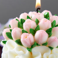Close-up of Southlake Gifts Tulip Bouquet Candle featuring hand-painted pink and white tulips with green leaves and visible floral details, a realistic handmade flower candle designed as luxury home décor and a thoughtful gift.