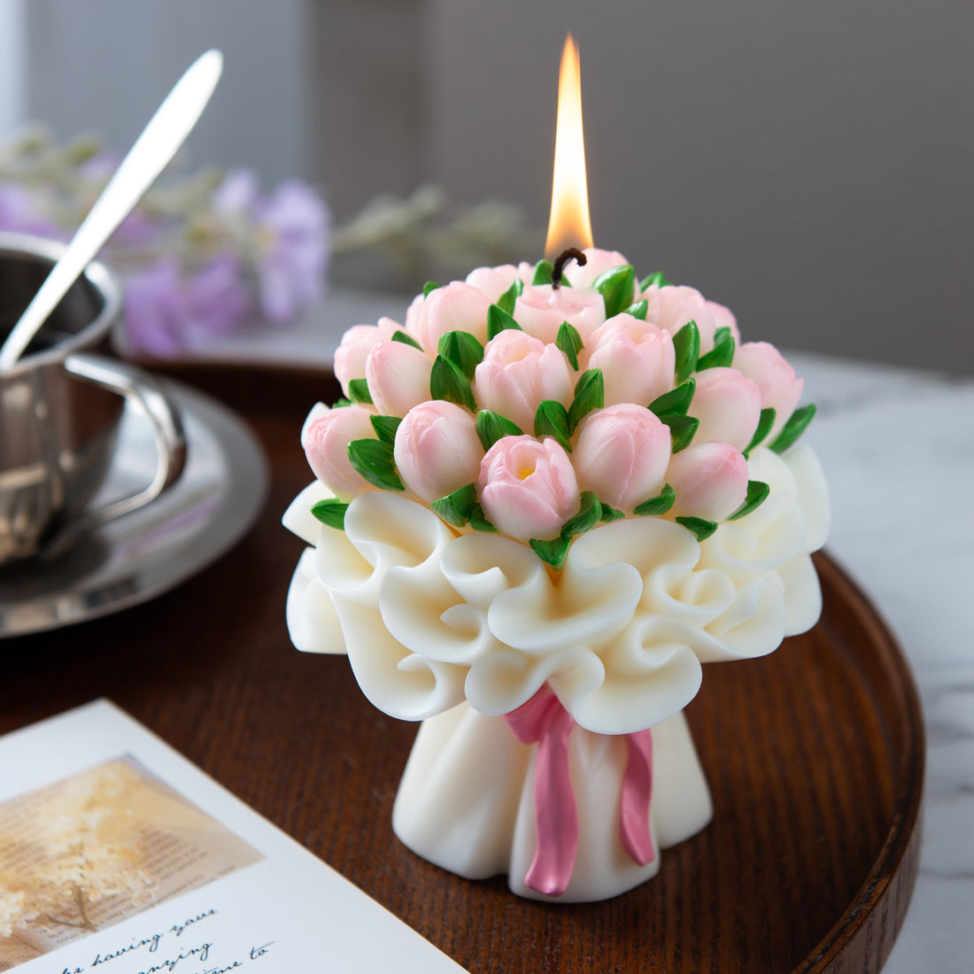 Southlake Gifts Tulip Bouquet Candle lit and displayed as a full floral arrangement candle, handcrafted and hand-painted bouquet design that works as elegant home décor and a unique gift for candle lovers.