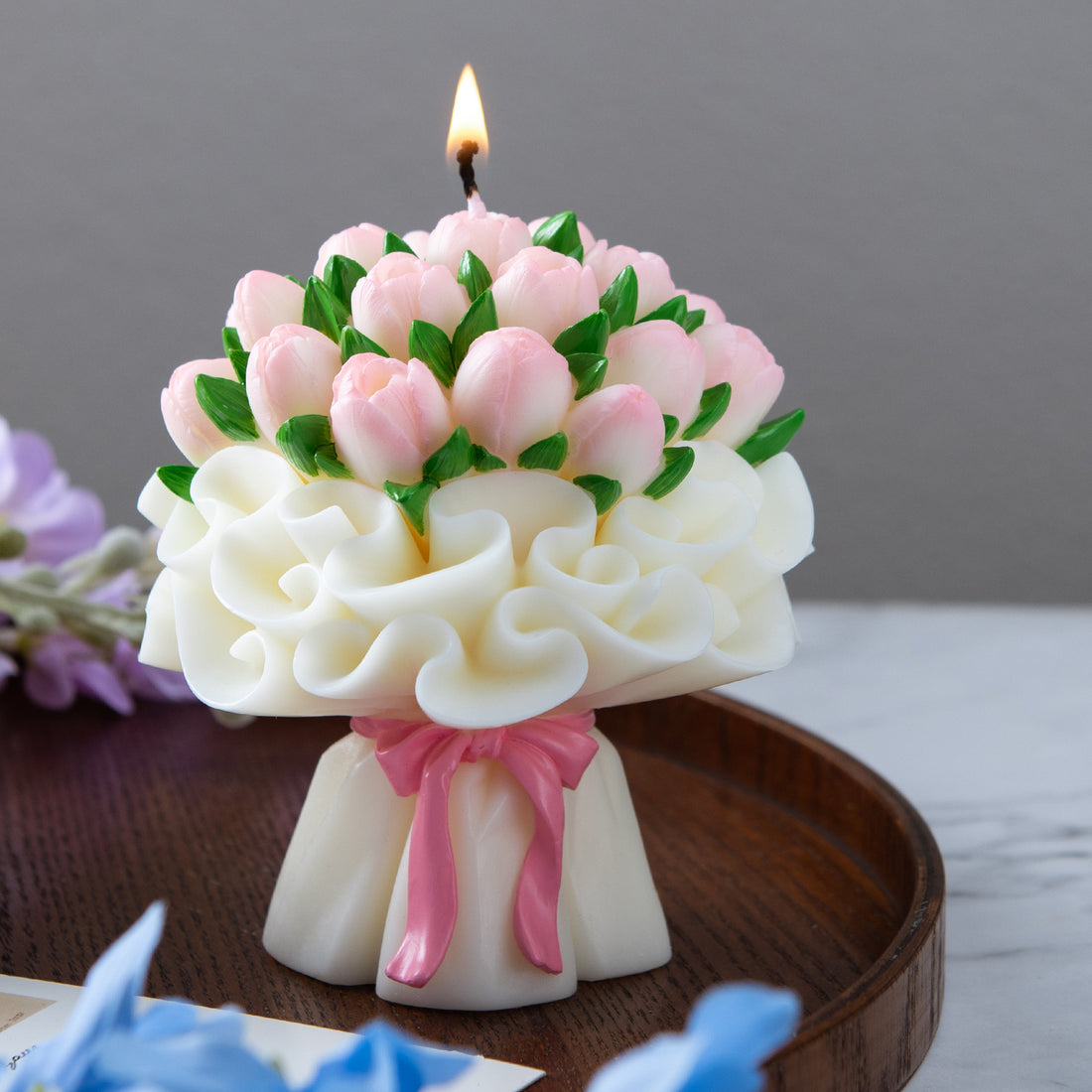 Southlake Gifts Tulip Bouquet Candle with sculpted wrapping and pink ribbon, a handmade floral candle bouquet designed as long-lasting home décor and a gift-ready artisan candle for holidays, anniversaries, or special moments.
