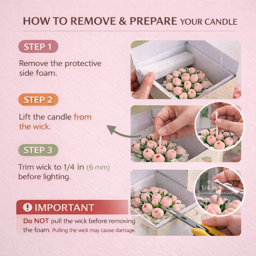 Instructions on how to remove and prepare the Southlake Gifts Pink Tulip Floral Bouquet Candle, with step-by-step images and text.