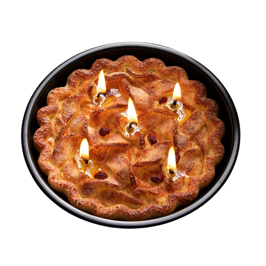 Southlake Gifts Apple Pie food Candle lit up in a white background – novelty dessert candle in baking pan, perfect for fall table décor or handmade gift.