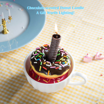 Southlake Gifts handmade doughnut candle, chocolate-scented food candle with sprinkles, chocolate stick wick, and teacup. Unique novelty décor and gift.
