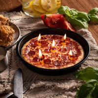 Handmade Pepperoni Pizza Candle by Southlake Gifts, novelty food candle with pepperoni topping and soy wax crust, lit for home décor display