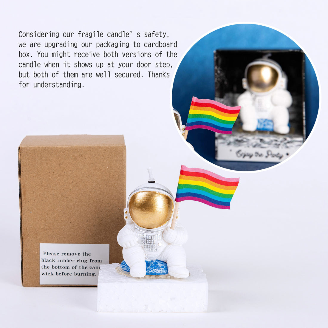 The box of Landing Astronaut Candle holding a colored flag.