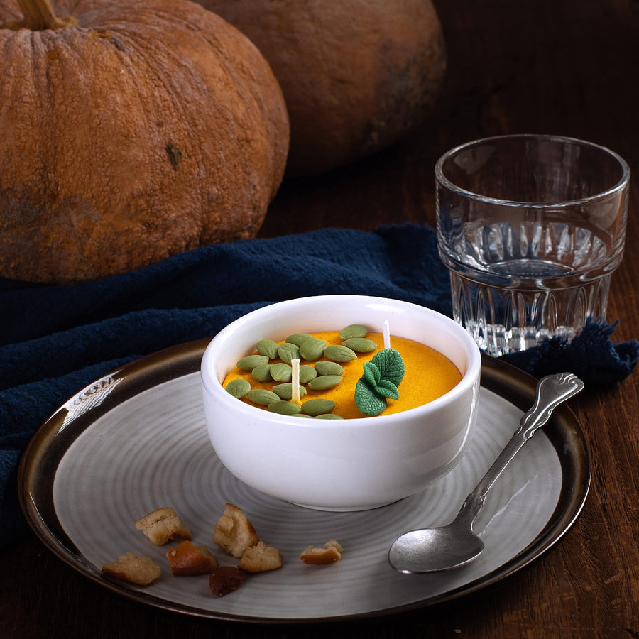 A Pumpkin Soup Bowl Candle is perfect decoration for a Thanksgiving day.