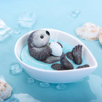 This Sea Otter Baby holding a cute shell while on the bath.