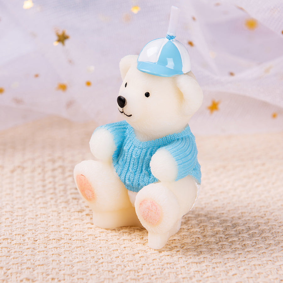 Side details of baby blue candle bear from Southlake Gifts.