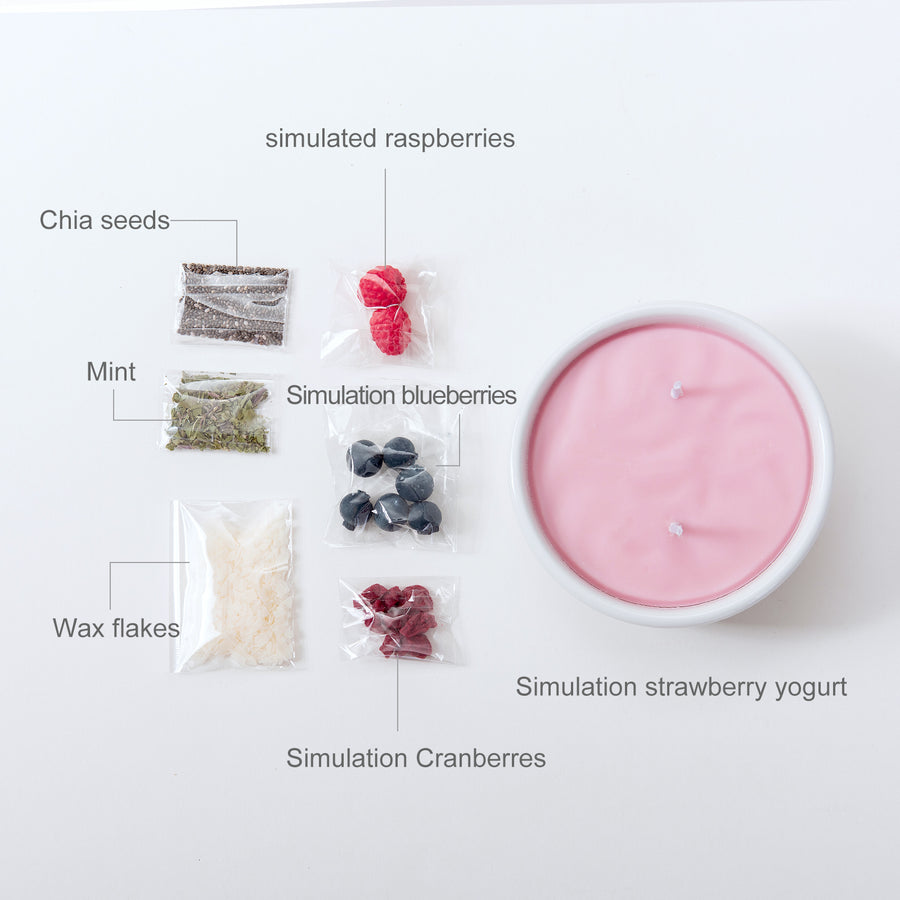 Lets have some toppings on your Acai Yogurt Bowl with chia seeds, mint, simulation blueberries, wax flakes, simulation cranberries. simulated raspberries, and simulation strawberry yogurt.