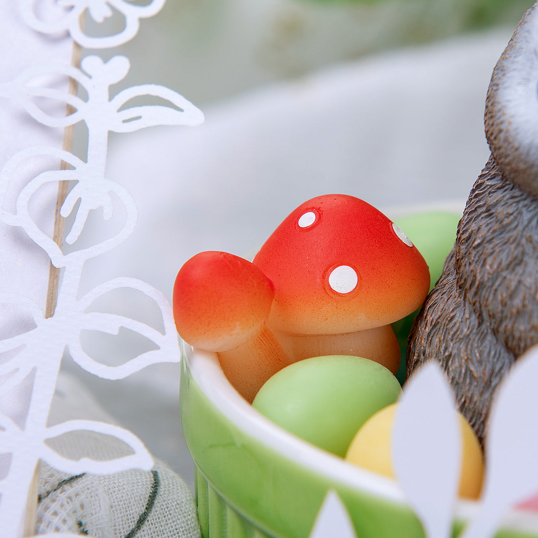 The cute little mushroom on the bunny egg bowl.