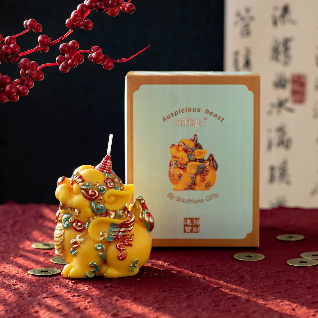 Southlake Gifts Pixiu Fortune Candle shown with its gift-ready box, a handcrafted soy wax candle inspired by Lunar New Year traditions, perfect for gifting, display, or cultural home décor.