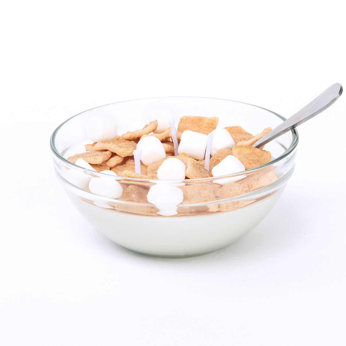 Handcrafted Cinnamon Toast Crunch Cereal Candle in clear glass bowl with wax milk and marshmallows — a minimalist artisan décor candle perfect for gifting or cozy home styling.