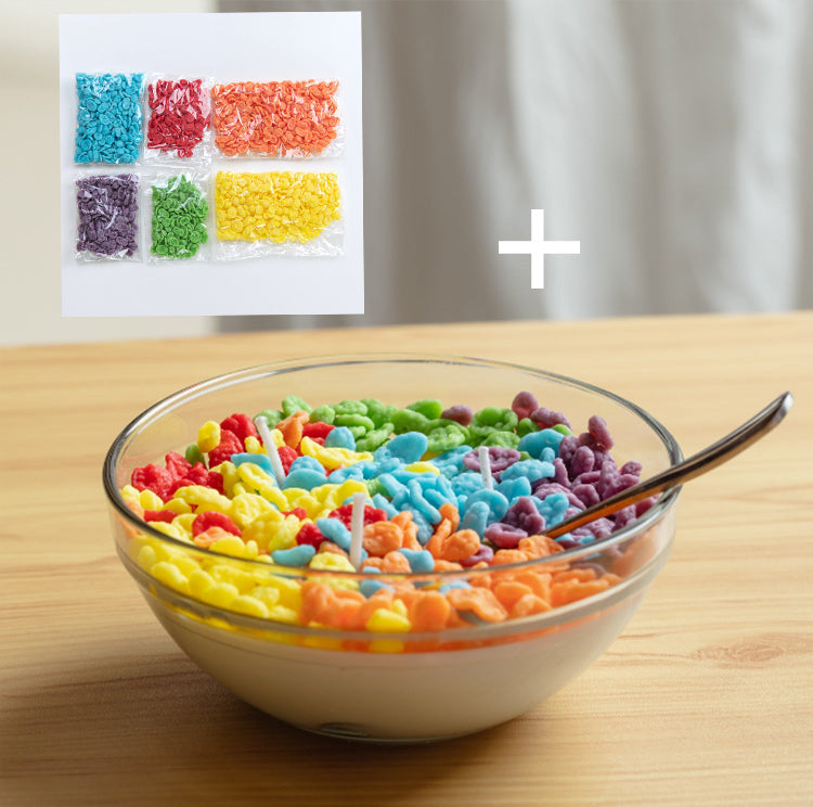 Top view of Fruity Pebbles Cereal Candle showing its colorful wax cereal pattern — a fun, fruity-scented handmade candle bowl ideal for holiday gifting and home decoration.